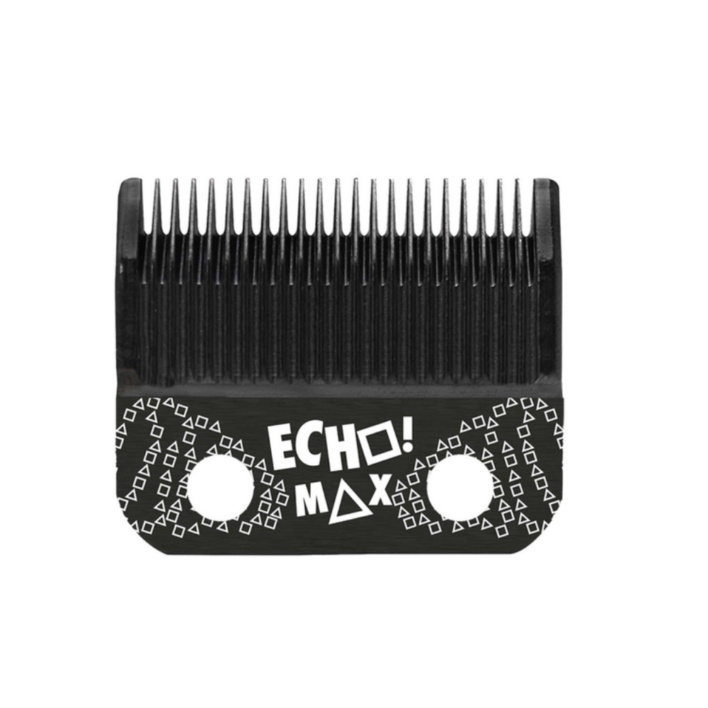 Black clipper blade with white printed 'ECHO MAX' text and geometric patterns, shown on a plain white background.