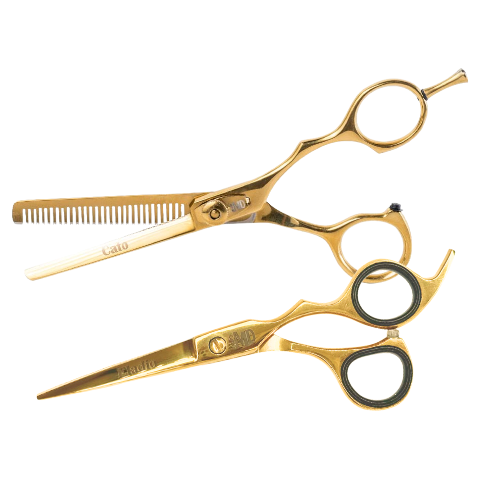 A pair of black-handled barber shears with the brand name 'Eladio' inscribed on the cutting shear and 'Cato' on the thinning shear.