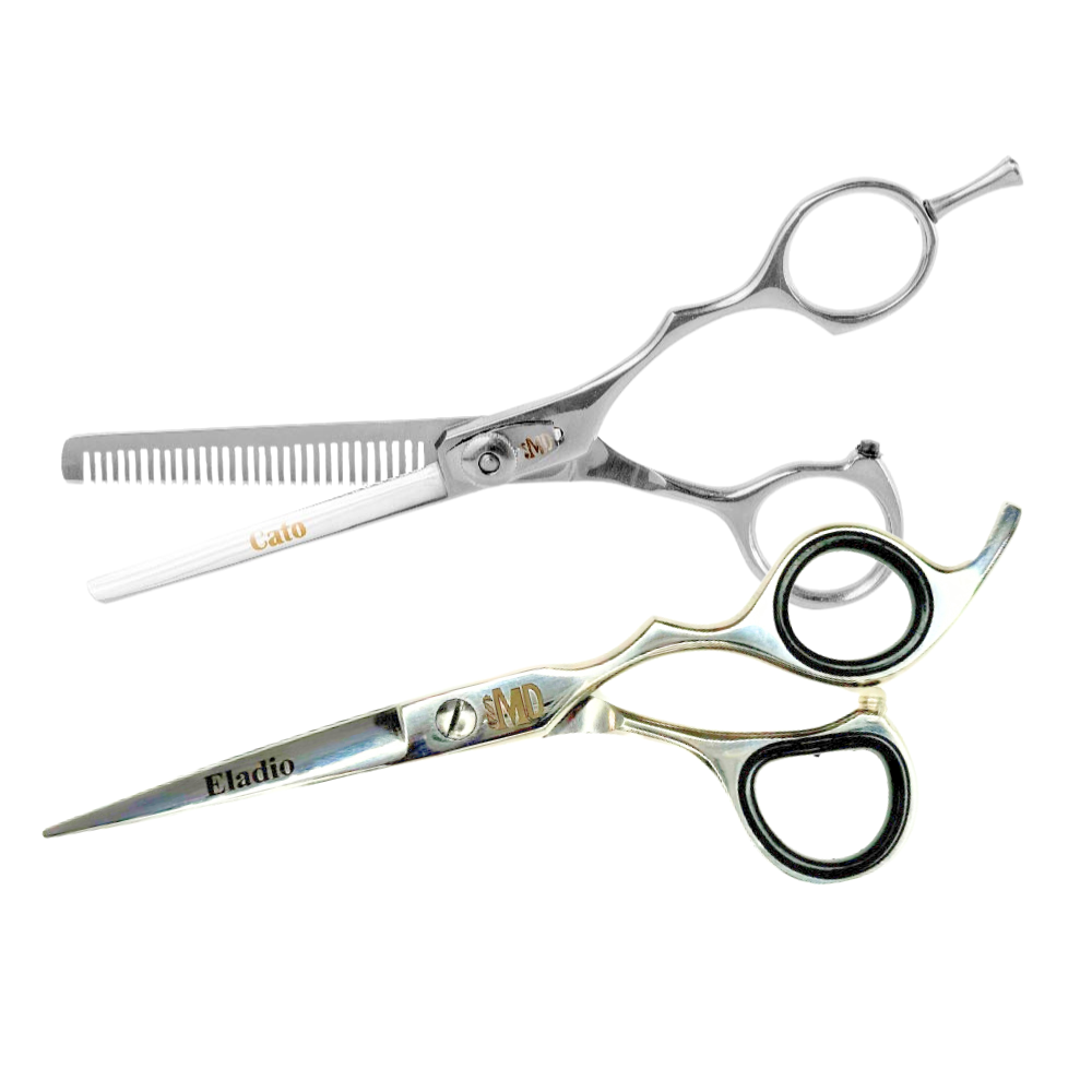 A pair of black-handled barber shears with the brand name 'Eladio' inscribed on the cutting shear and 'Cato' on the thinning shear.