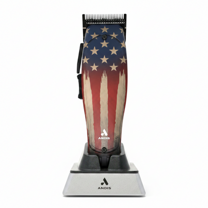 Andis Master 250th 1776 Limited Edition cordless clipper American flag design in charging stand