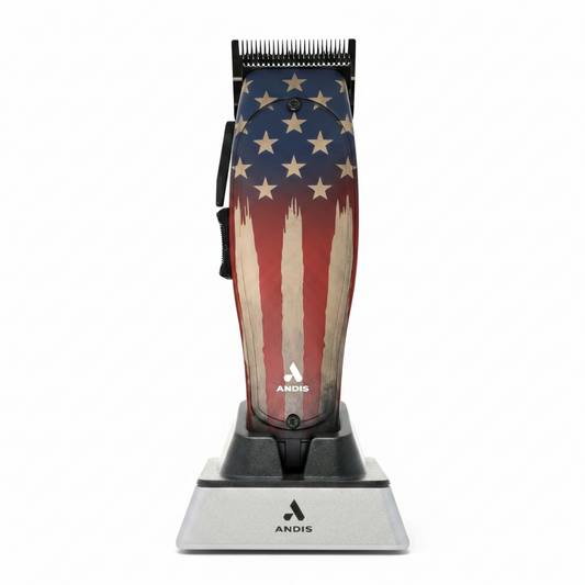 Andis Master 250th 1776 Limited Edition cordless clipper American flag design in charging stand