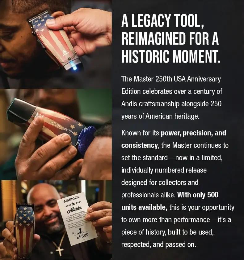 Andis Master 250th USA Anniversary Edition infographic, individually numbered, only 500 units available