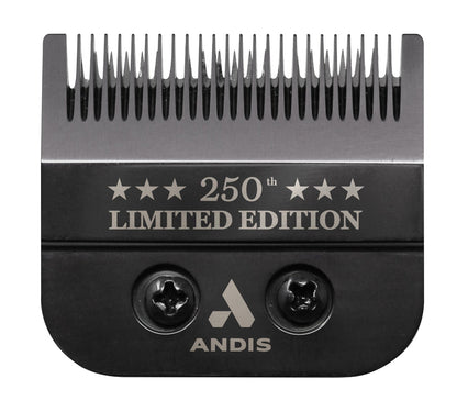 Macro shot of Andis Master clipper blade engraved with 250th Limited Edition and Andis logo