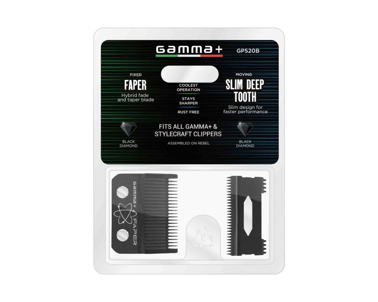 Gamma+ Fixed Black Diamond Carbon DLC Faper Blade with Moving Black Diamond Carbon Slim Tooth Cutter Clipper Blade Set #GP520B