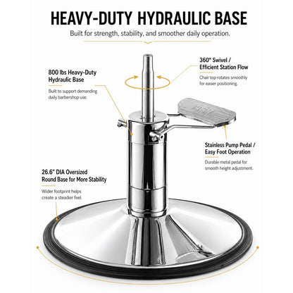 infographic highlighting the features of the heav duty hydraulic base with an image of the silver/chrime base, pump, pedal.