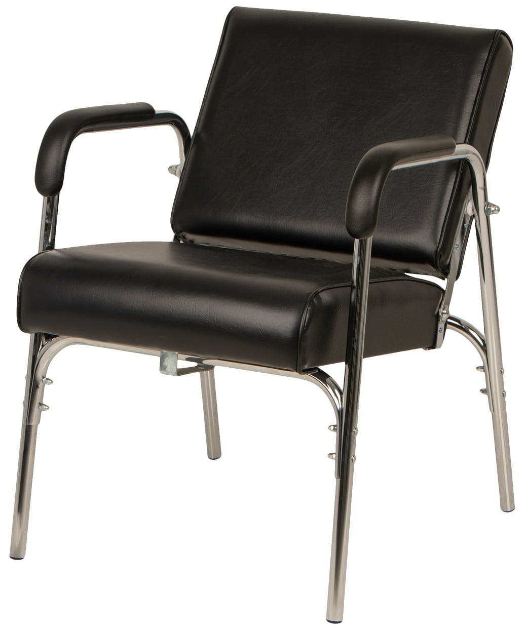 Black shampoo chair with a chrome metal frame, featuring padded armrests and a high backrest, shown on a white background.