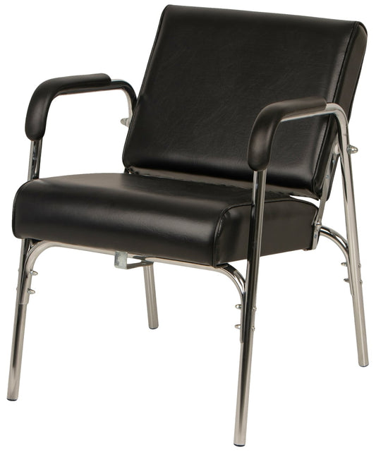 Black shampoo chair with a chrome metal frame, featuring padded armrests and a high backrest, shown on a white background.