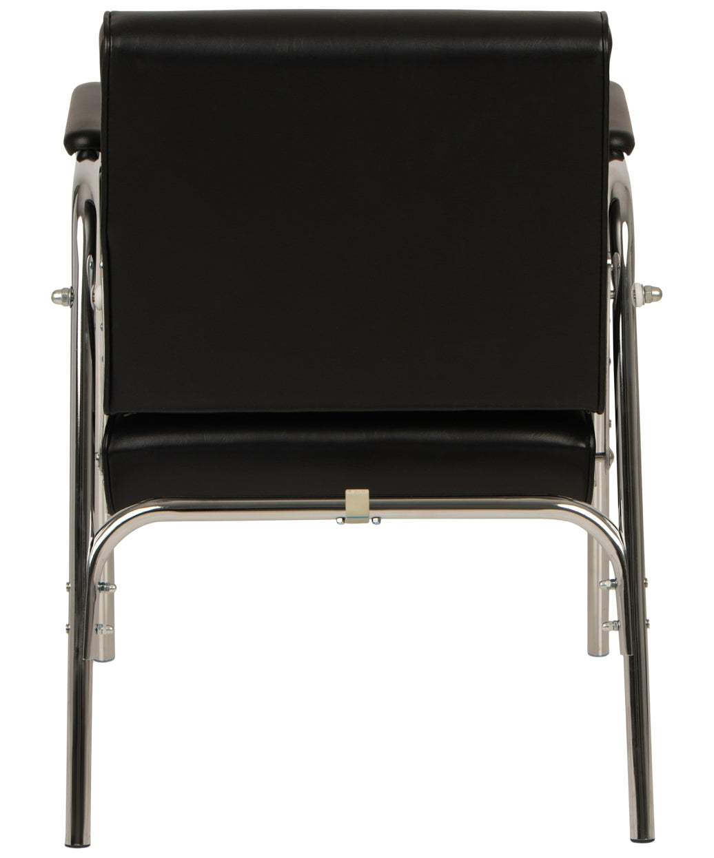 A modern Black shampoo chair  with a chrome tubular metal frame, shown from the back against a white background.