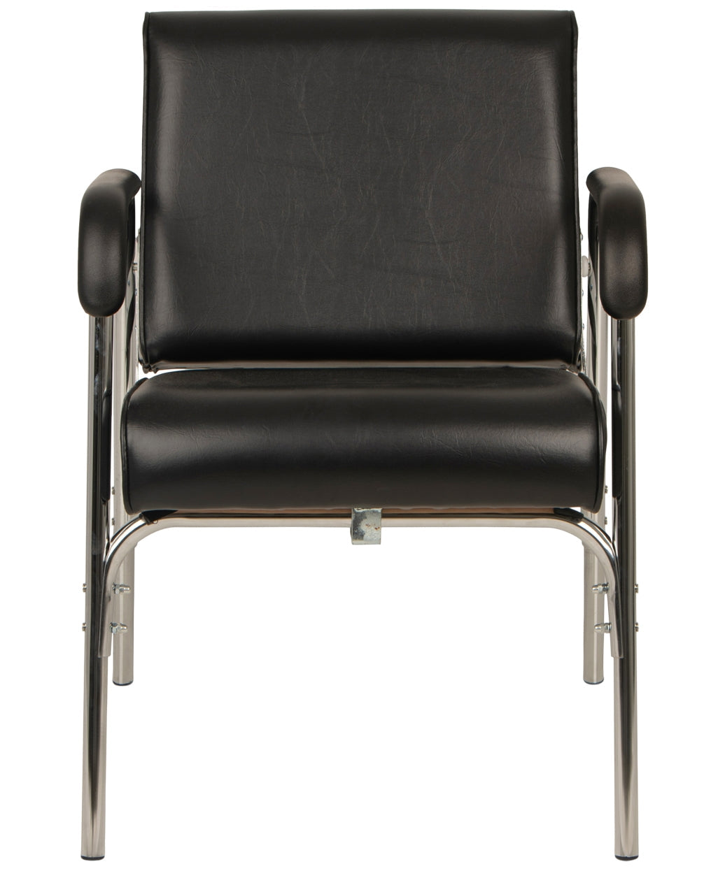 A modern Black shampoo chair r with a chrome metal frame, featuring a high backrest, padded armrests, and a sleek tubular base.