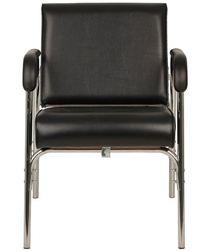 A modern Black shampoo chair r with a chrome metal frame, featuring a high backrest, padded armrests, and a sleek tubular base.