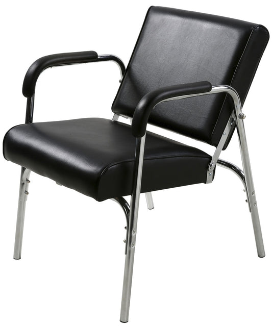 Black shampooing chair with adjustable armrests and a chrome metal frame, shown on a plain white background.