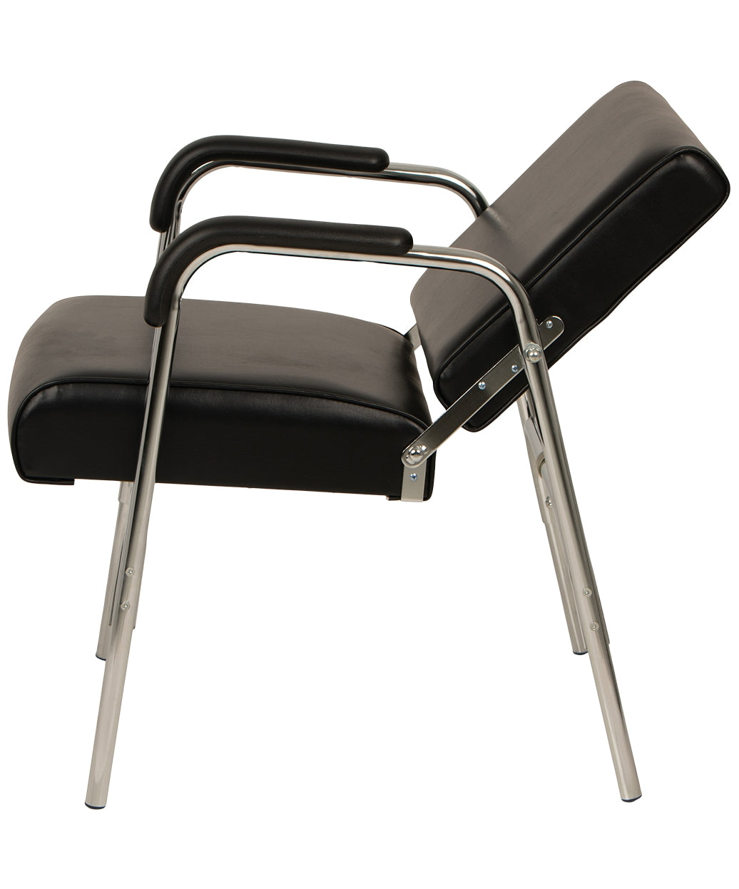 A modern Black shampoo chair  with a chrome metal frame and armrests, shown from a three-quarters angle on a white background.