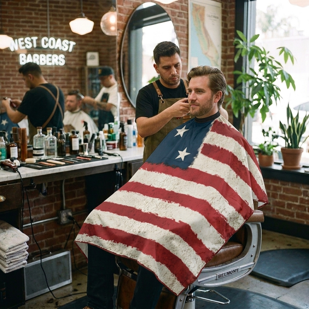 Barber attending to a customer with an American flag cape in a barbershop.
