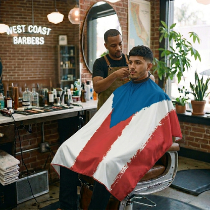 barebr cutting mans hair wearing puerto rico flag cutting cape