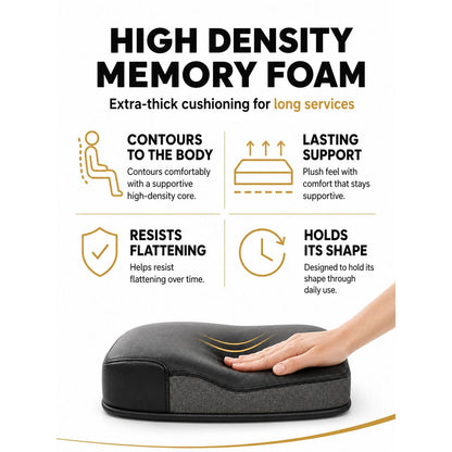 A black and gray high-density memory foam cushion shown on a white background with marketing text and a hand pressing down on the cushion to demonstrate its contouring and support.