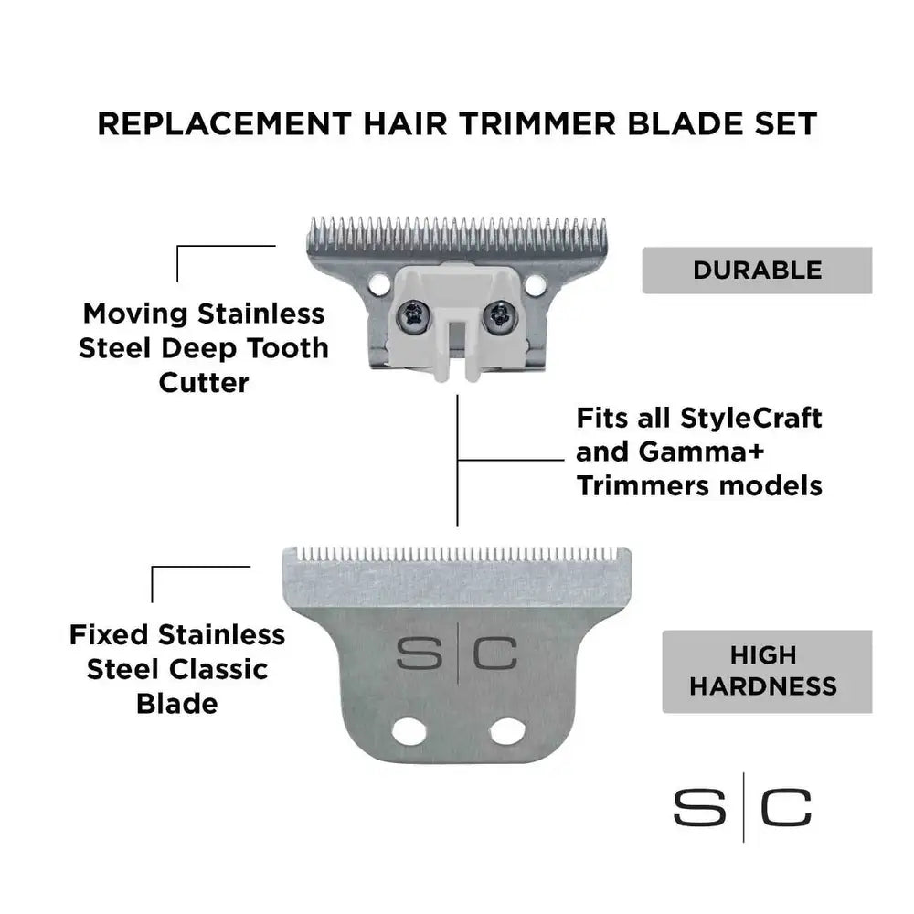 StyleCraft Replacement Fixed Stainless Steel Classic Hair Trimmer Blade with Stainless Steel Deep Tooth Cutter Set SC522S