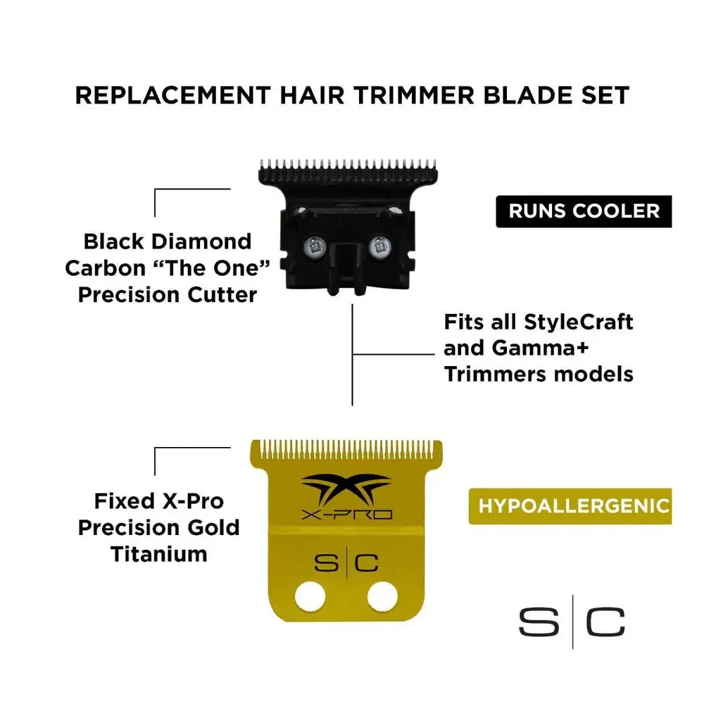 StyleCraft Replacement Fixed X-Pro Precision Gold Titanium Trimmer Blade with Black Diamond Carbon DLC THE ONE Precision Deep Tooth Cutter Set #SC523GB