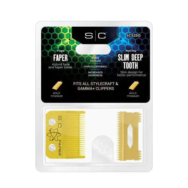 StyleCraft Replacement Fixed Gold Titanium Faper Hair Clipper Blade with Moving Slim Deep Cutter Set #SC525G