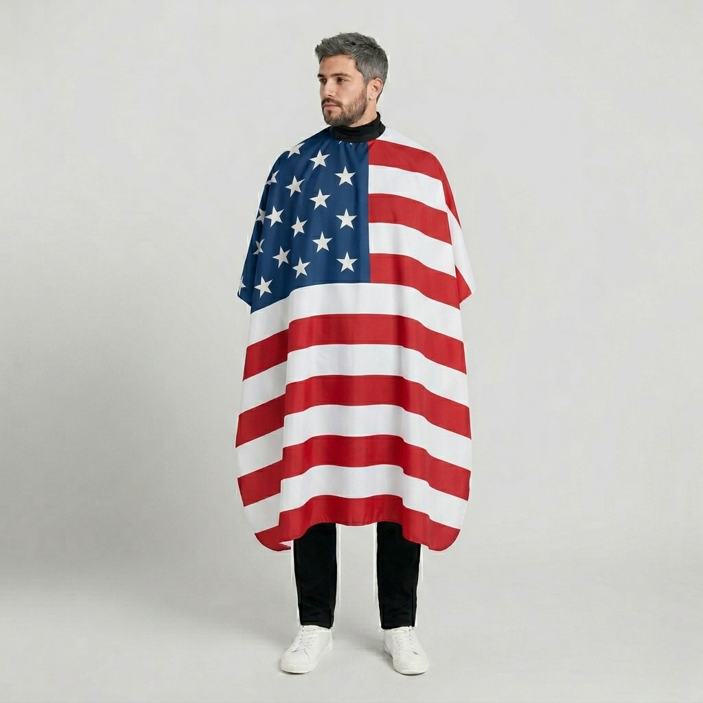 Person wearing an American flag cape against a plain background