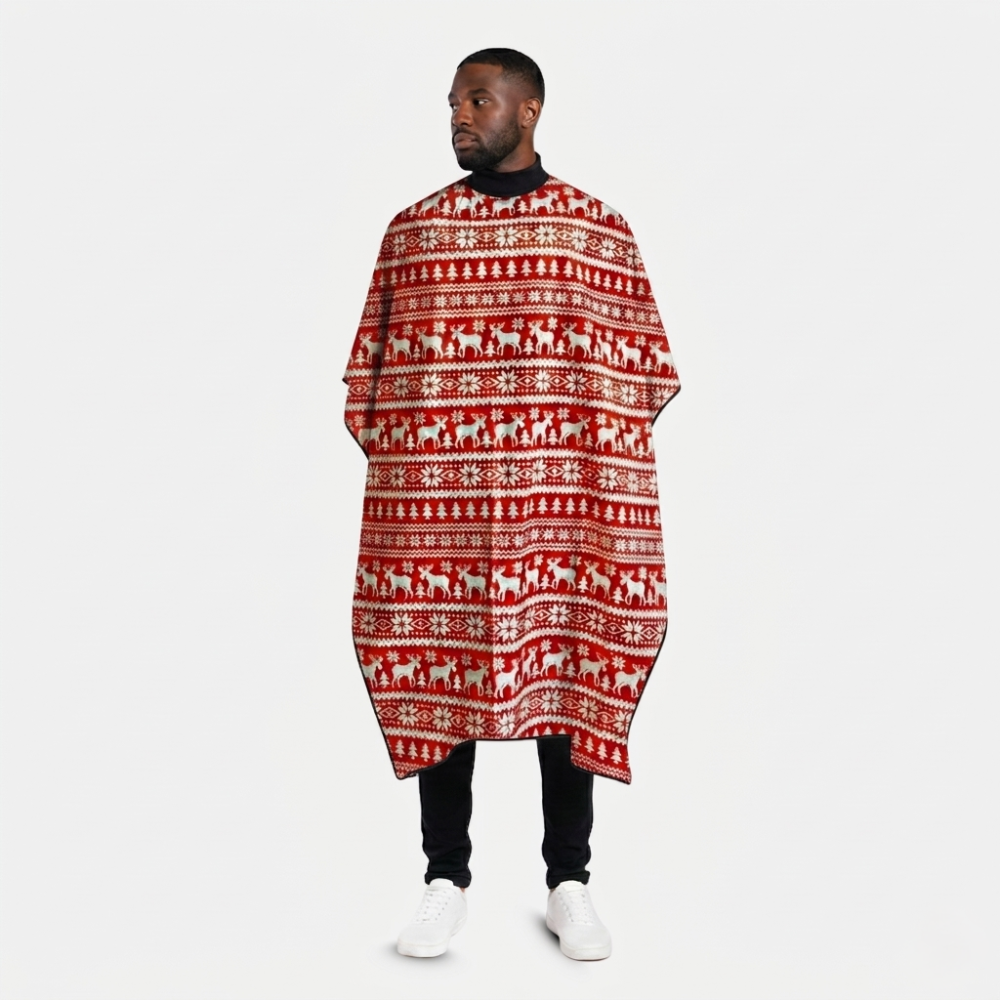 Person wearing a red and white patterned cutting cape on a white background