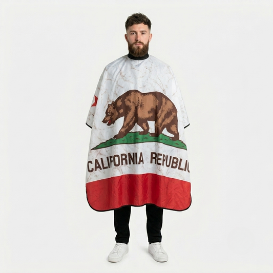 Person wearing a California Republic flag cape on a white background