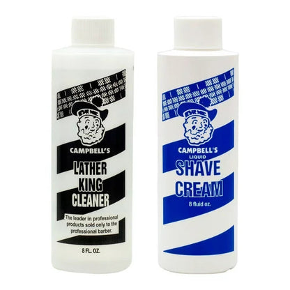 Two bottles of Campbell's LatherKing products, one labeled as 'Shave Cream' in a blue and white packaging, and the other as 'Cleaner Solution' in a black and white packaging.