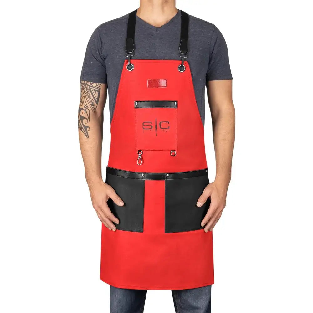 StyleCraft Professional Heavy Weight Waterproof Barber or Salon Hair Cutting Apron Red/Black SC315R